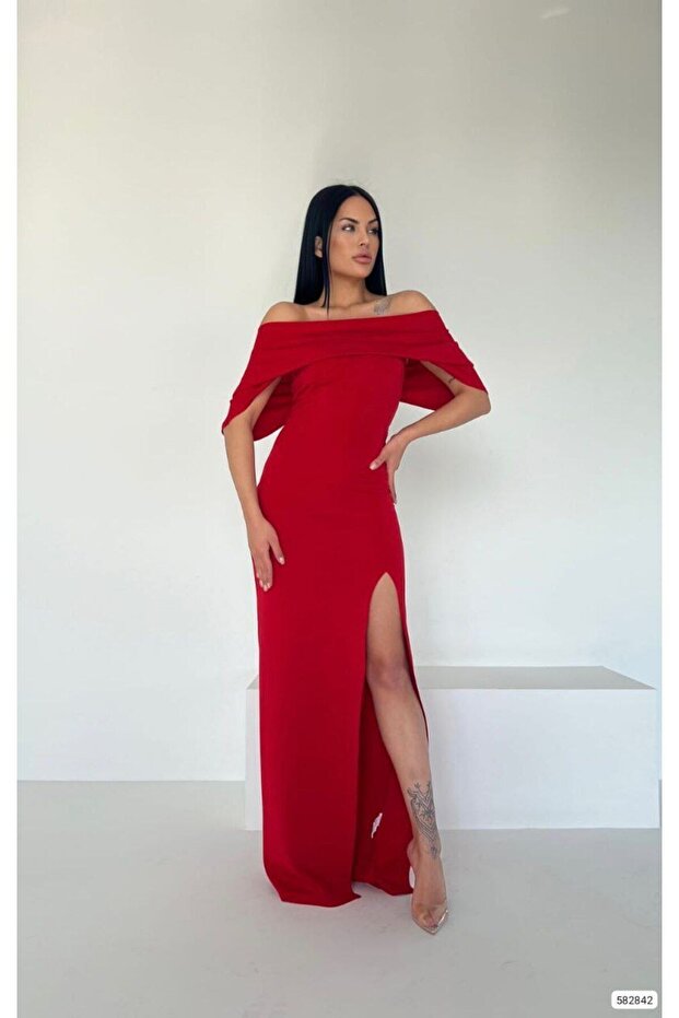 Women's Red Madonna Collar Bat Sleeve Back Detail Maxi Slit Long Evening Dress