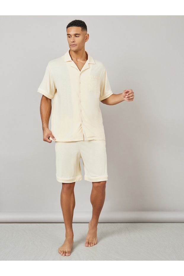 Knitted Resort Collar Shirt and Short Set with Piping Detail