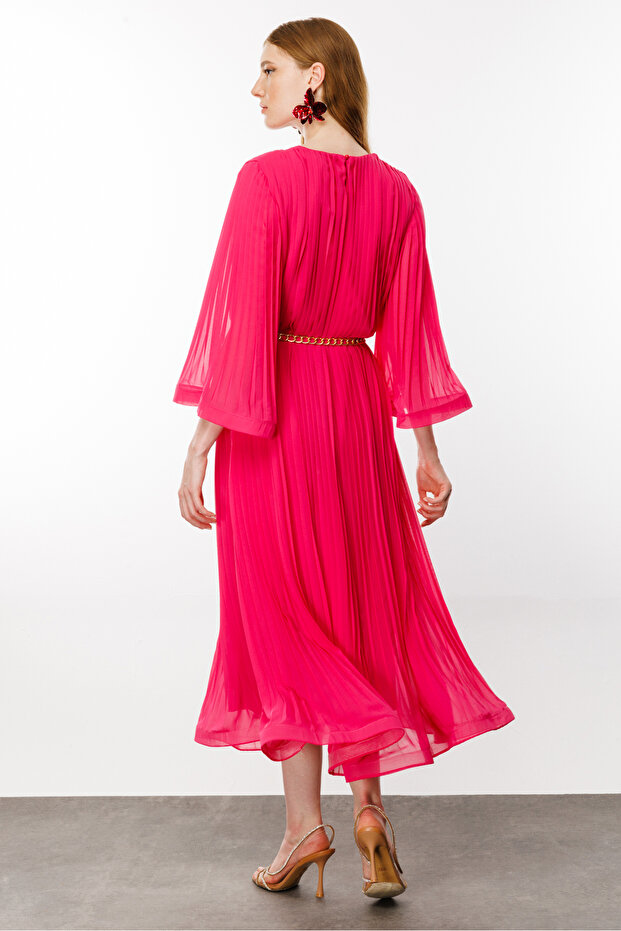 Piliseli Grenli Zincir Kemerli Elbise - 9