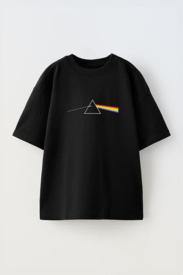 Rainbow Patterned Unisex Black Cotton Oversize T-Shirt