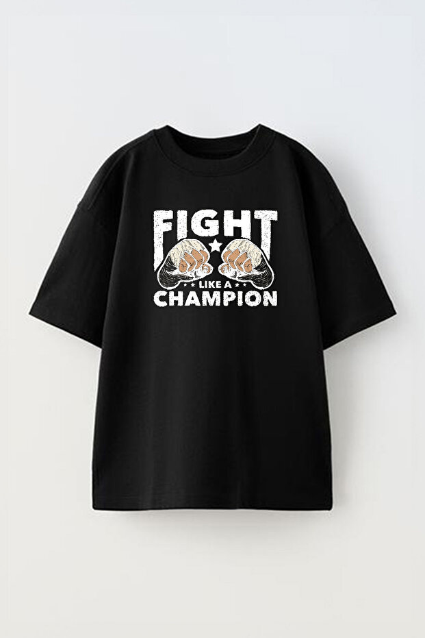 Unisex Muay Thai Boxing Fists Design Printed Cotton Black Oversize T-Shirt
