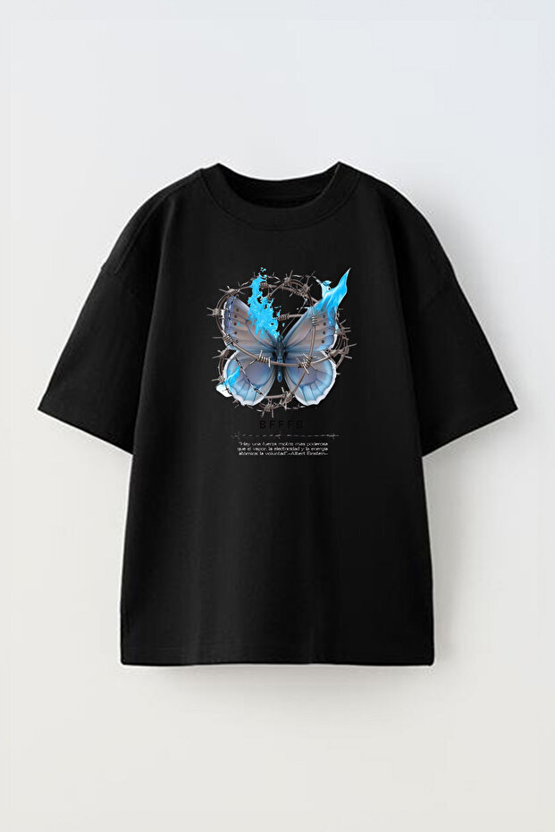 Unisex Barbed Wire Butterfly Design Printed Cotton Black Oversized t-shirt