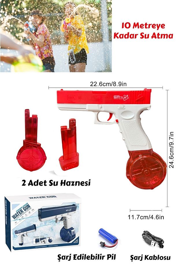 Şarjlı Pilli Su Tabancası 10 Metre Su Atma Hızlı 2 Yedek Hazneli Havuz Deniz Oyuncağı Su Tabancası - 6