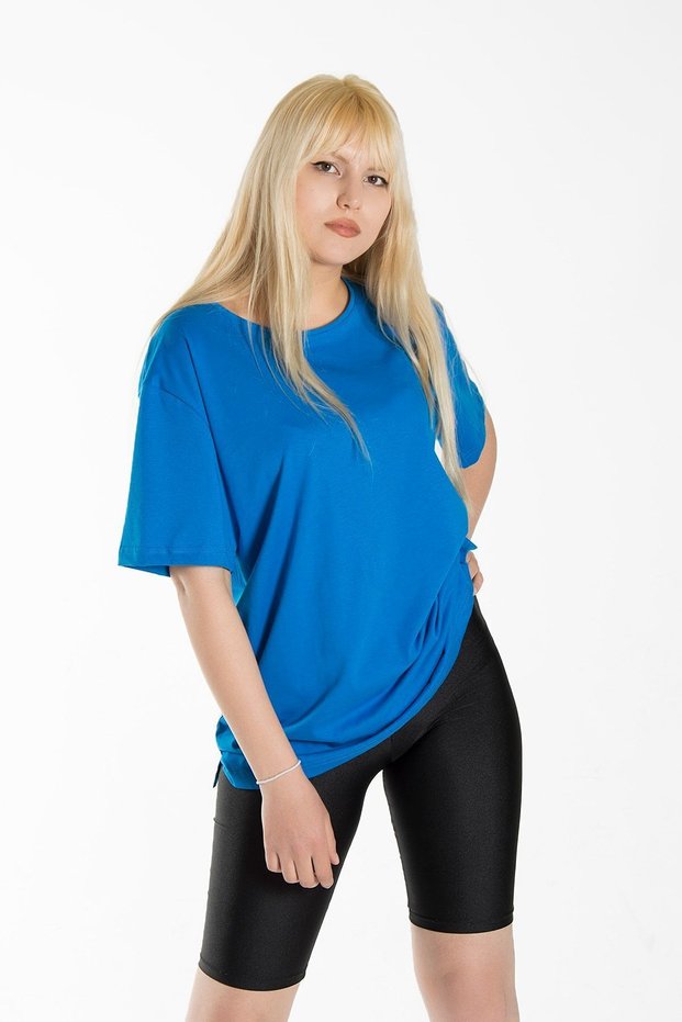Women's Blue Basic Crew Neck Oversize Cotton T-shirt