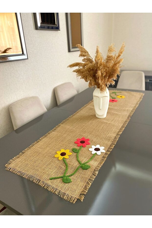 Flower Patterned Hand Knitted Jute Fabric Runner 40x140 Cm