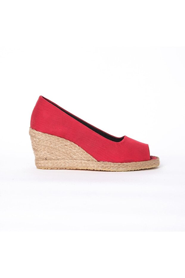 Authentic Handmade Open Toe Wedge Heel Red Linen Woven Shoes