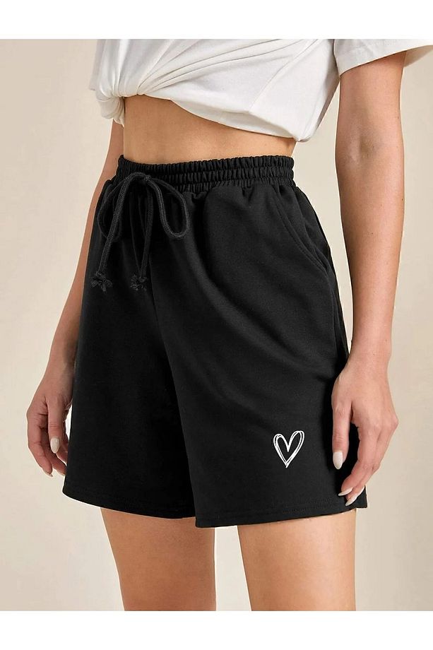 Unisex Siyah Gri Penye Bol kesim Salaş Şort-Minimal Kalp Baskılı  Kadın Şort Yüksek Bel Örme Cepli - 1