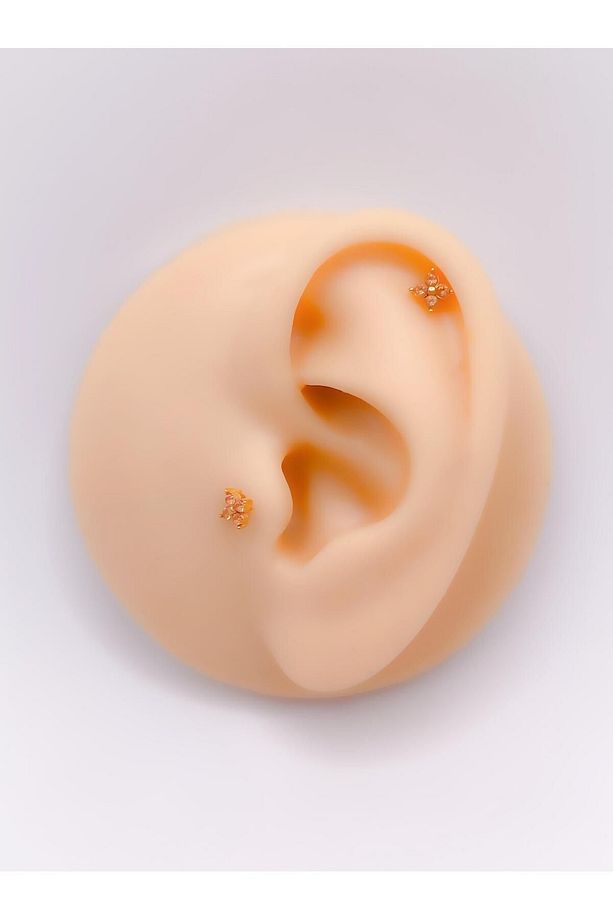 Cerrahi Çelik Piercing Dört Taşlı Çiçek Figürlü Kıkırdak Helix Tragus Piercing(1adet) - 3