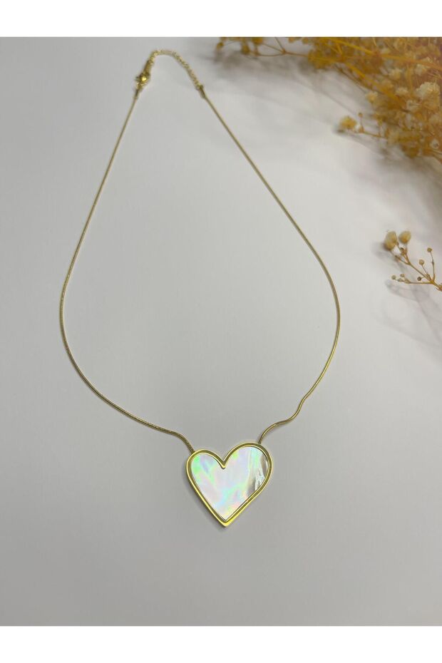 Steel Necklace Pearlescent Big Heart End Gold