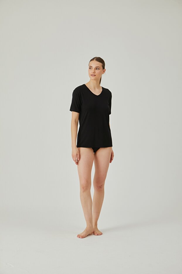 V-Neck Women's Black Jeans - Short Sleeve, Regular Fit, Undershirt Premium