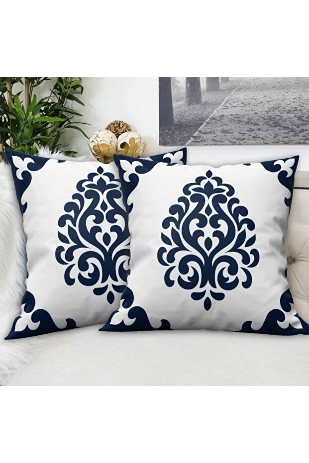 Damask - (Navy-White) Velvet Fabric 2-Piece Throw Pillow Cover - Double Sided Print