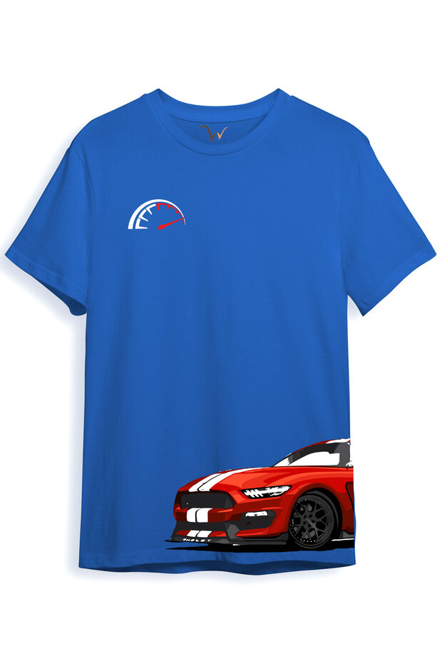 Car Side Detailed Speed ​​Limit Printed Regular Fit 100% Cotton Blue T-Shirt