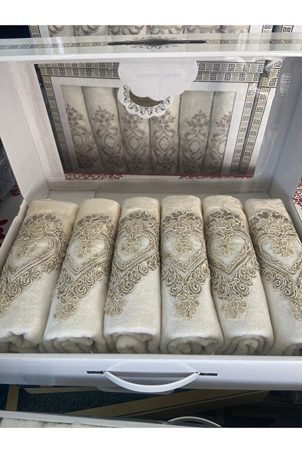 Guipure Lace Satin Embroidered, Patterned Boxed Luxury Bridal 50x90 6-Piece Hand Face Towel Set