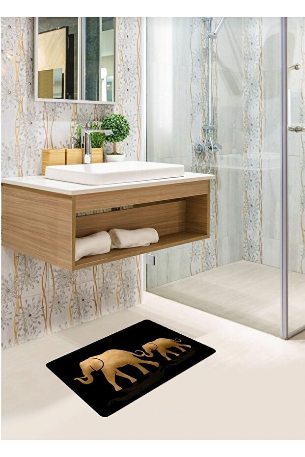 Elephant Patterned 40 Cm X 60 Cm Washable Cotton Woven Base Bath Mat