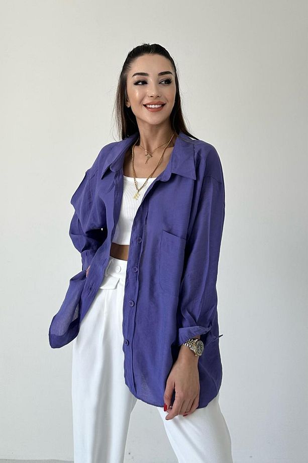 Kadın Oversize Marc Premium Tek Cepli Salaş Gömlek - 7