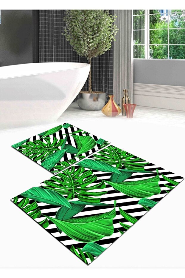 Green Leaf Patterned Non-Slip, Organic Cotton Woven Base 2-Piece Toilet Seat Set
