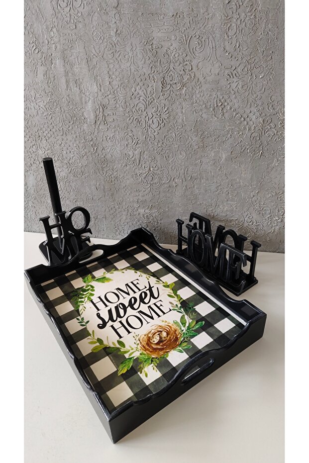 Dekoratif Ahşap Boyama Tepsi Seti - 2