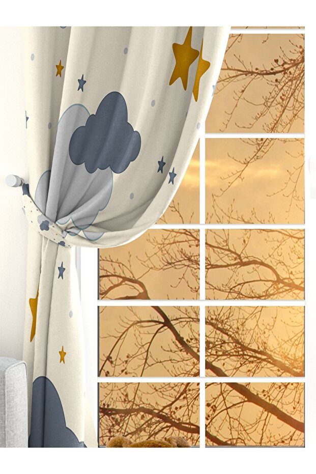 Cloud, Digital Printed, Velvet Fabric, Children's Room Double Wing Background Curtain