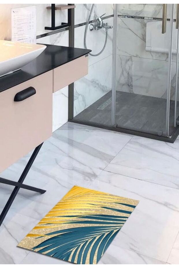Mustard, Blue, Leaf Patterned 40 Cm X 60 Cm Non-Slip, Non-Spill, Washable Leather Base Bath Mat