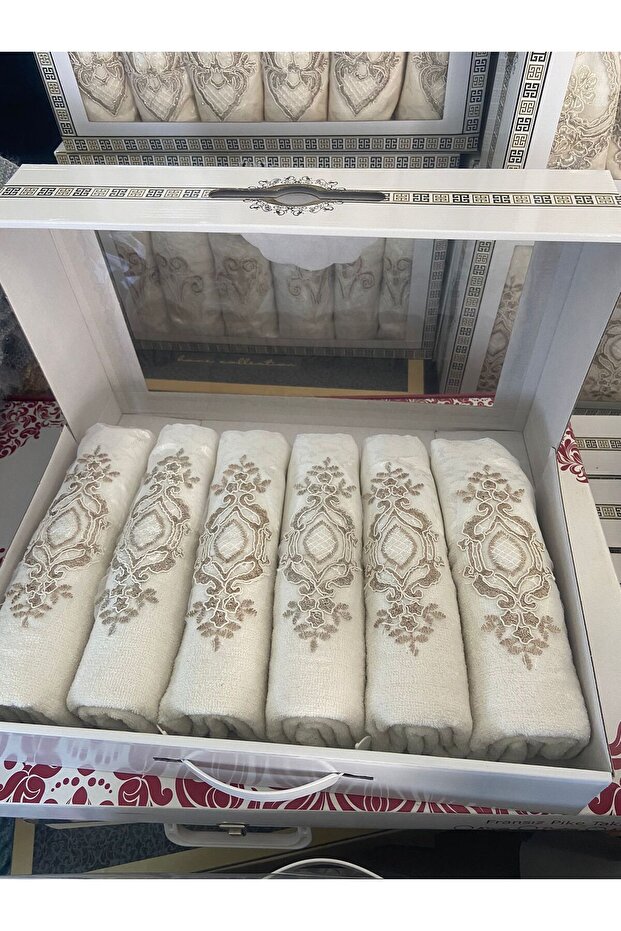 Guipure Lace Satin Embroidered, Patterned Boxed Luxury Bridal 50x90 6-Piece Hand Face Towel Set