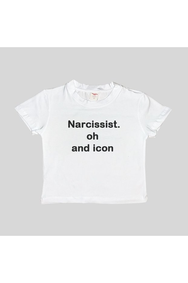 Female White Narcissist. Printed Crew Neck Tight Crop Tshirt