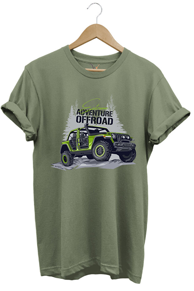 Offroad 4X4 Mountain Car Jungle Theme Print Regular Fit 100% Cotton Khaki T-Shirt