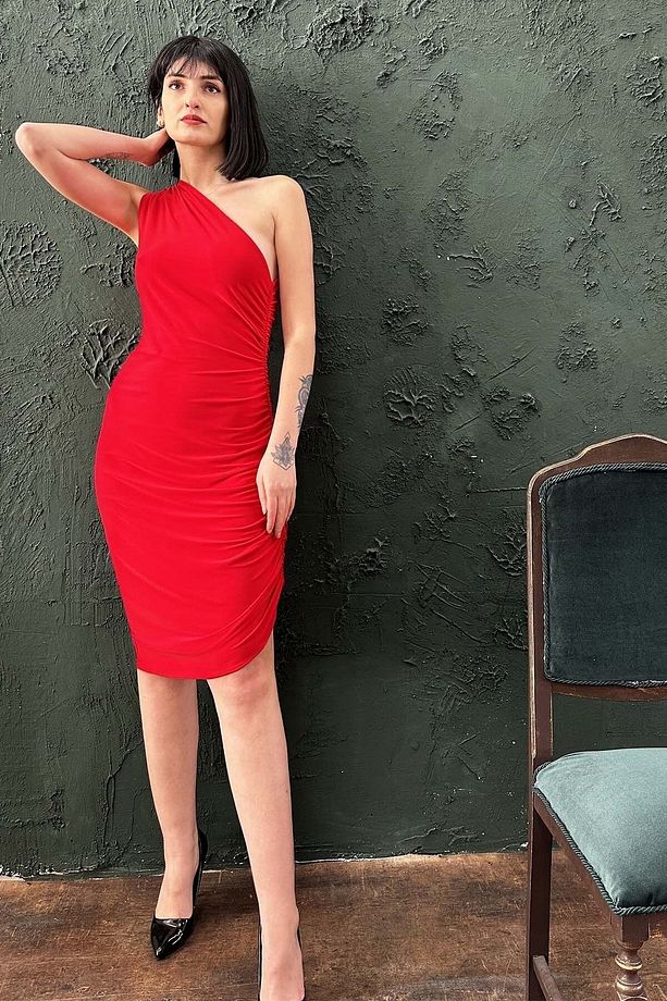 Kadın Ipek Jarse Tek Omuz Kırmızı Parti Dans Tango Elbisesi - 1