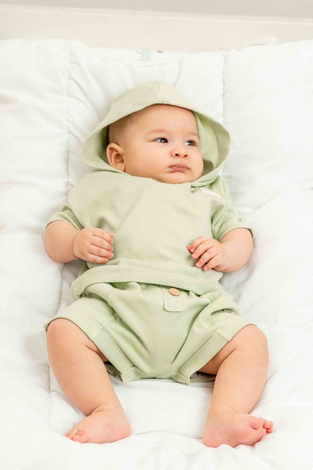 Newborn Unisex Organic Baby Set Hooded Cotton Short Sleeve Shorts Top and Bottom 2-Piece Baby Set