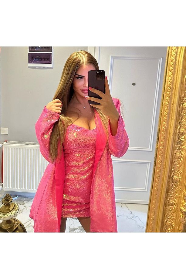 Pembe Payetli Blazer Ceket Ve Strablez Elbise - 2
