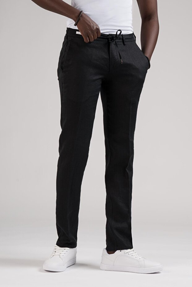 Slimfit 100% Linen Raw Linen Jogger Pants with Elastic Waist and Threaded Details
