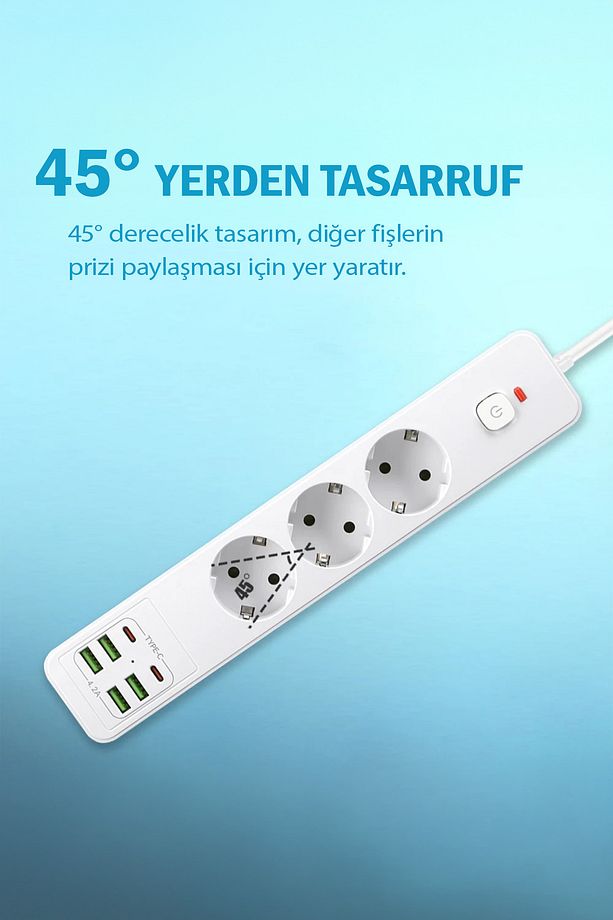 Yeni Nesil 3lü Grup Priz 2.0 Metre 2 Adet Type-C ve 4 Adet USB Girişli Universal Çoklu Priz - 7