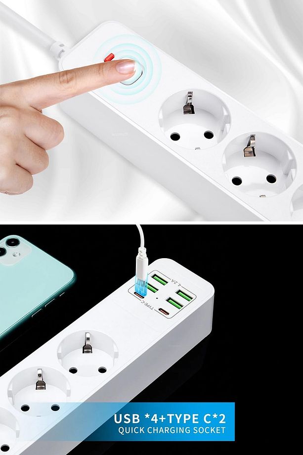 Yeni Nesil 3lü Grup Priz 2.0 Metre 2 Adet Type-C ve 4 Adet USB Girişli Universal Çoklu Priz - 9