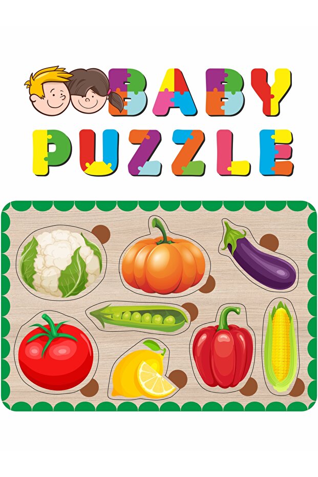 Cute Vegetables, Cauliflower, Tomato, Eggplant Shape Sorting Wooden Puzzle
