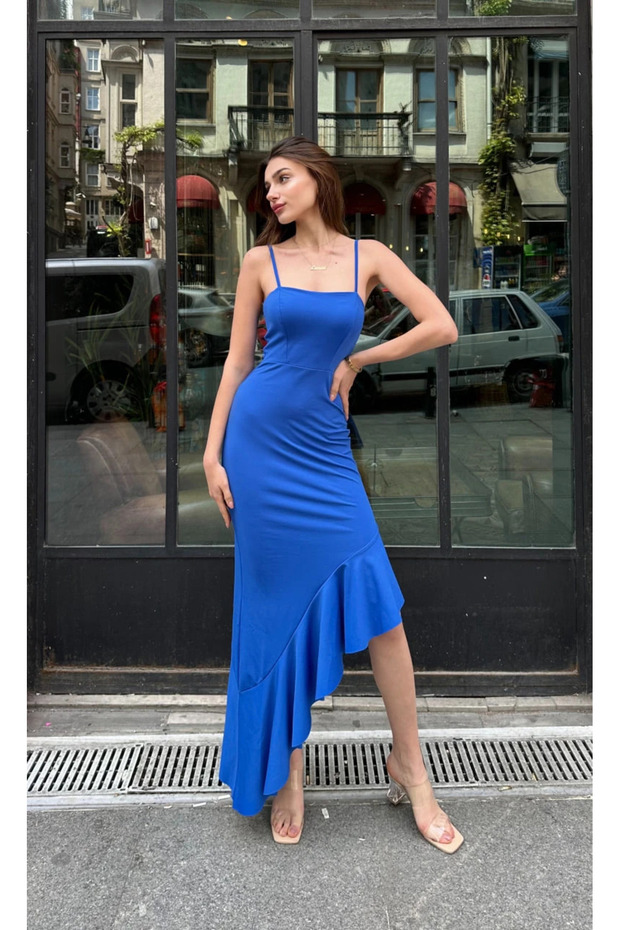 Cobalt Blue Thin Rope Strap Asymmetrical Cut Long Women's Dress