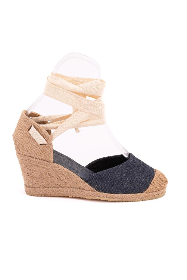 Denim Blue String Wedge Heeled Linen Espadrille - Real Handmade