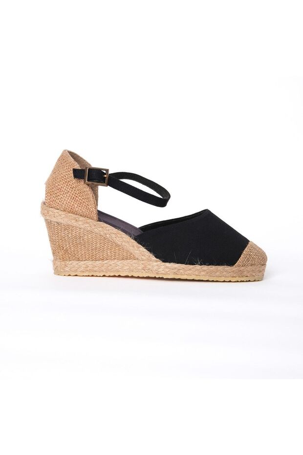Authentic Handmade Black Ankle Strap Open Linen Espadrilles Wedge Heel