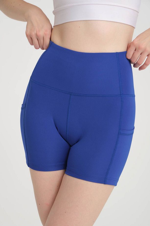 Kadın Çift Cepli Yüksek Bel Spor Şort Mavi Yoga Şort Tayt - 5