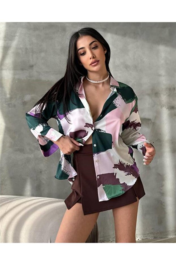 Thin Pink Green Patterned Satin Shirt