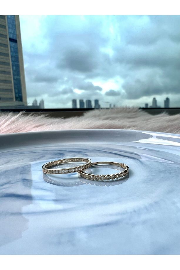 14 Ayar Altın Bezel Set Half Eternity Yüzük - 4