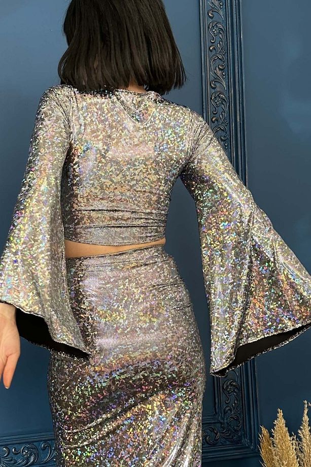 Hologram Ispanyol Kollu Bağlamalı Crop Bluz - Parti Dans Tango Bluzu - 2