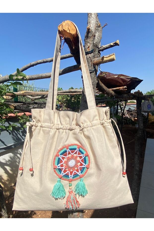 Adjustable Drawstring, Puppy Mouth/Green, Tasseled Star Mandala Detail, Tote Cloth Shoulder Bag