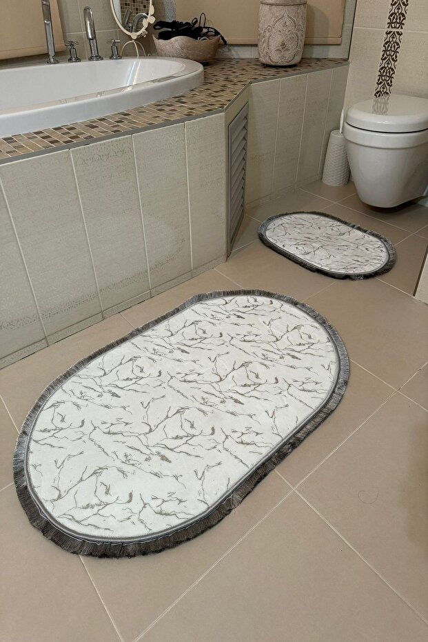 Glitter Bamboo Non-Slip Leather Base Dust Stain Resistant Set of 2 Toilet Bowl Bath Mat Set Oval
