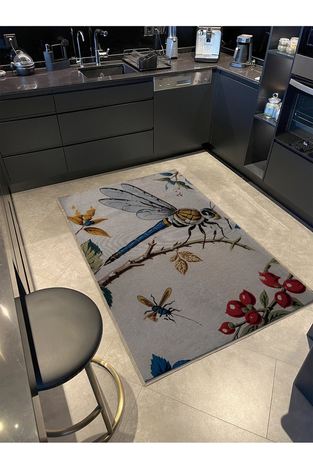 Shape Collection Multicolored Dragonfly Patterned Woven Base Modern Decorative Carpet 37