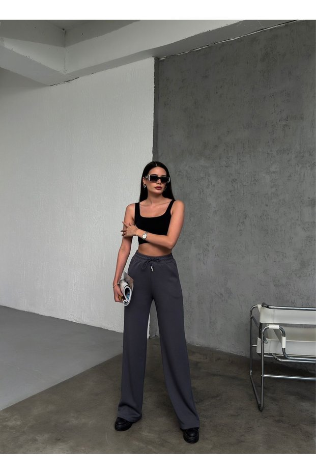 Women's Anthracite Modal Fabric Wide Leg Lace-up High Waist Palazzo Sweatpants