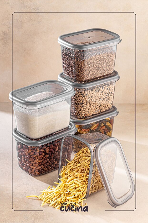 1300 ml Anthracite 6-Piece Large Size Rectangular Storage Set with Plastic Lid - Labeled - 2