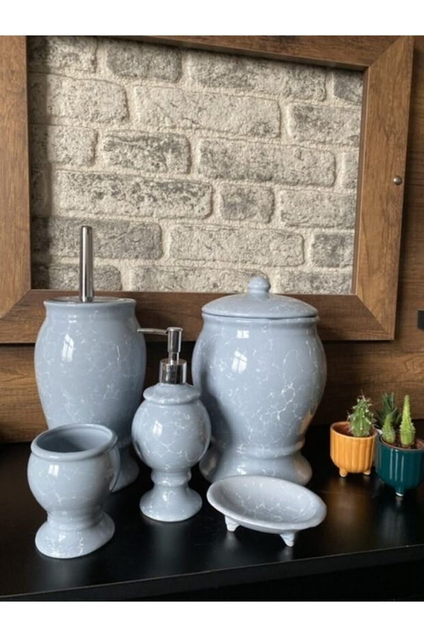 Red Ceramic Naomi Collection 5-Piece Bathroom Set Sky Blue Marble Pattern