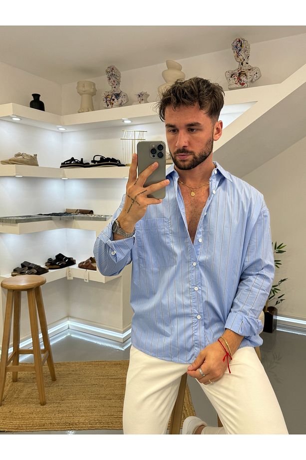Açık Mavi Modal Çizgili Oversize Gömlek - 4