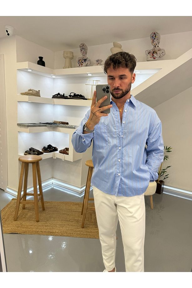 Açık Mavi Modal Çizgili Oversize Gömlek - 1