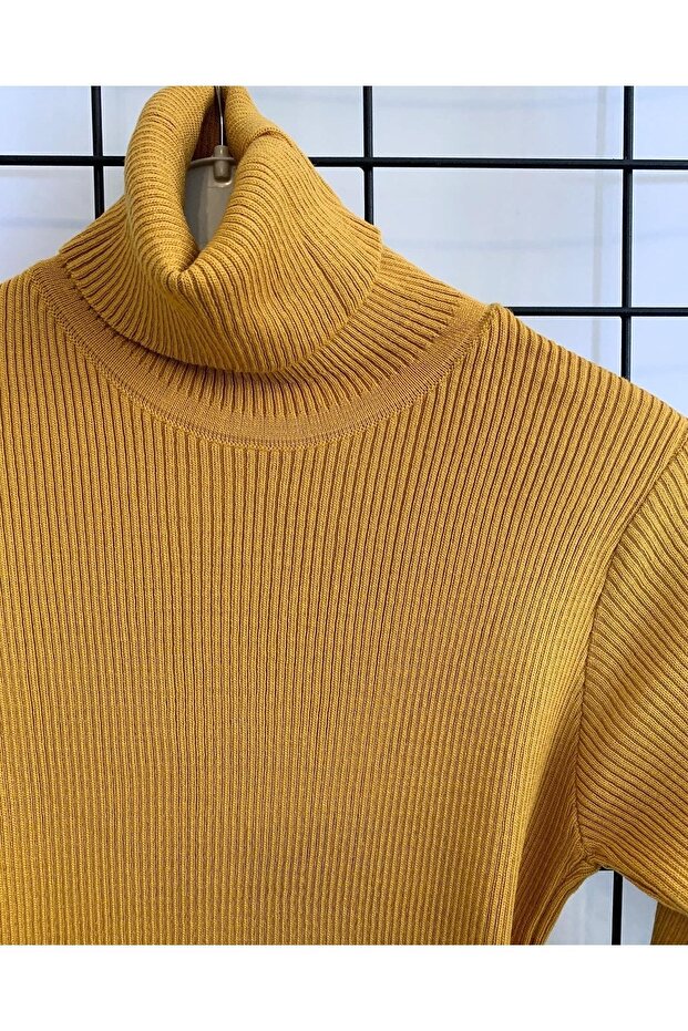 Kadın Midi Boy Camel Tam Balıkçı Fitilli Basic Triko Elbise - 3