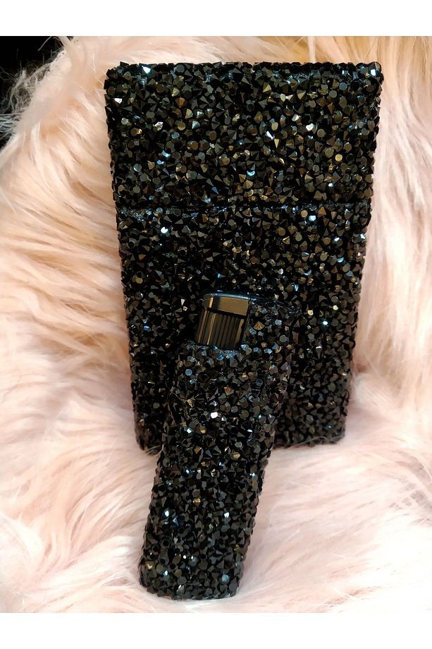 Siyah Parlak Swarovski Taşlı Kısa Kalın Sigara Kutusu Ve Çakmak Seti - 1